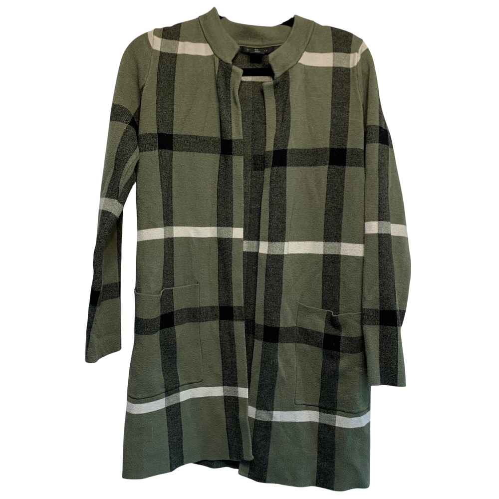 Tahari Cardigan Size S Green Plaid Open Front Longline Sweater Pockets Academic